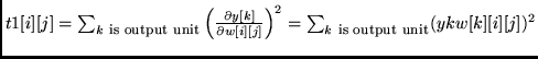 $t1[i][j] = \sum_{k  \mbox{\footnotesize is output unit}}
\left(\frac{\partial ...
...[j]}\right)^2 =
\sum_{k  \mbox{\footnotesize is output unit}} (ykw[k][i][j])^2$