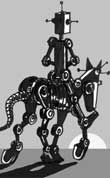 robot on robot horse riding off into the sunset