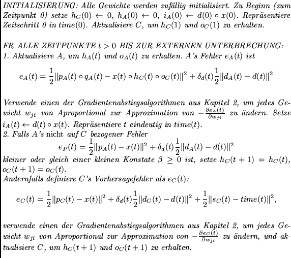 $\textstyle \parbox{12.5cm}{{\em
INITIALISIERUNG: Alle Gewichte werden zuf\uml {...
...ern,
und aktualisiere $C$, um
$h_C(t+1)$\ und $o_C(t+1)$\ zu erhalten.
\par
}}$