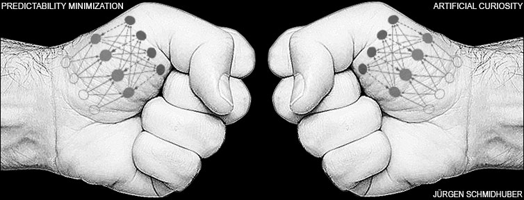 Predictability Minimization: unsupervised minimax game where one neural network minimizes the objective function maximized by another