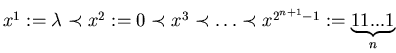 $x^1 := \lambda
\prec x^2 := 0 \prec x^3 \prec \ldots \prec x^{2^{n+1}-1} := \underbrace {11...1}_n$