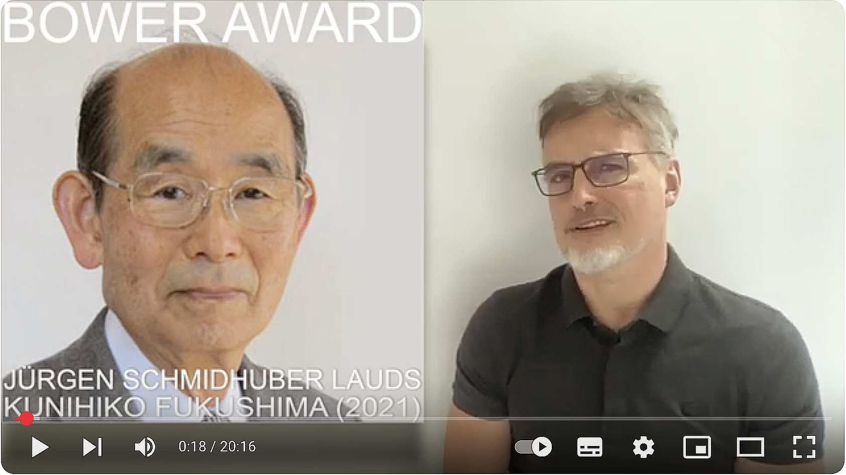 Youtube video for the Bower Award Ceremony 2021: Juergen Schmidhuber lauds Kunihiko Fukushima