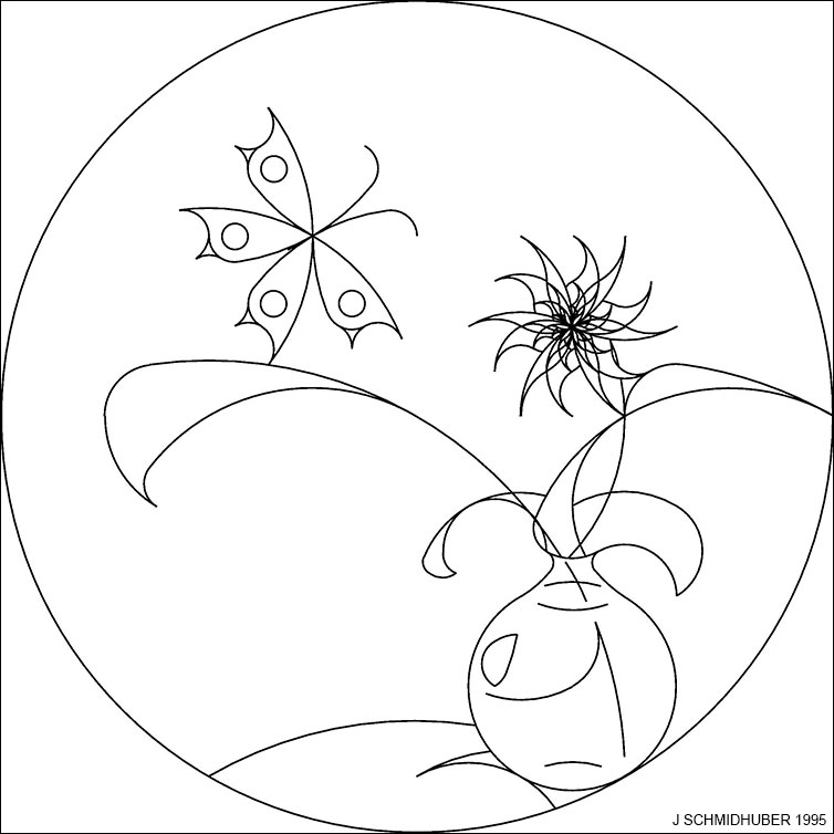 Low-Complexity Art: butterfly approaching a vase with a flower. Juergen Schmidhuber 1995