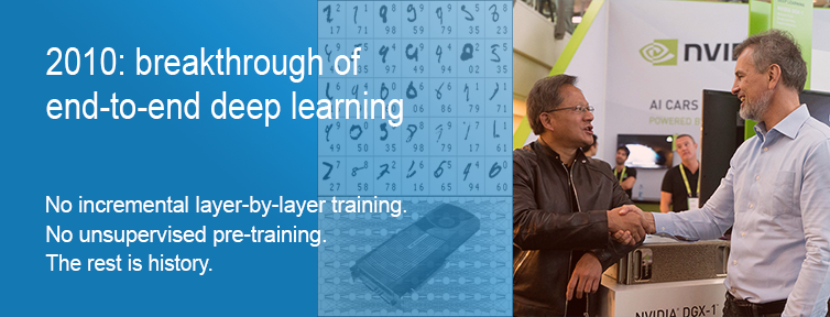 2010: Breakthrough of end-to-end deep learning. No layer-by-layer training. No unsupervised pre-training. The rest is history. Juergen Schmidhuber.