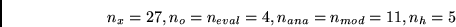 \begin{displaymath}
n_x = 27,
n_o= n_{eval}= 4,
n_{ana}= n_{mod}= 11,
n_h= 5
\end{displaymath}
