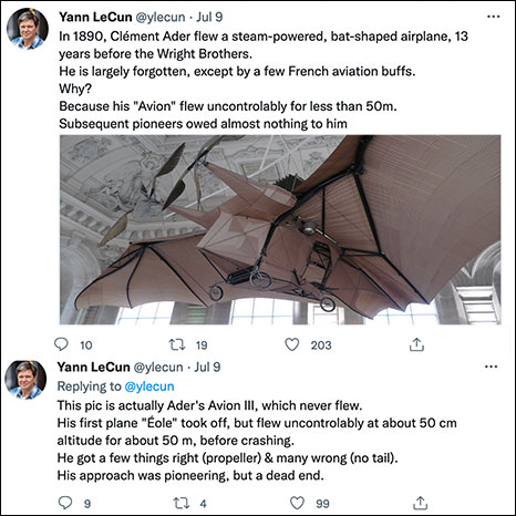 LeCun's tweet on Clement Ader