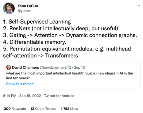 LeCun's tweet on the 5 best ideas 2012-2022