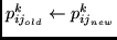 $p_{ij_{old}}^{k} \leftarrow p_{ij_{new}}^{k}$