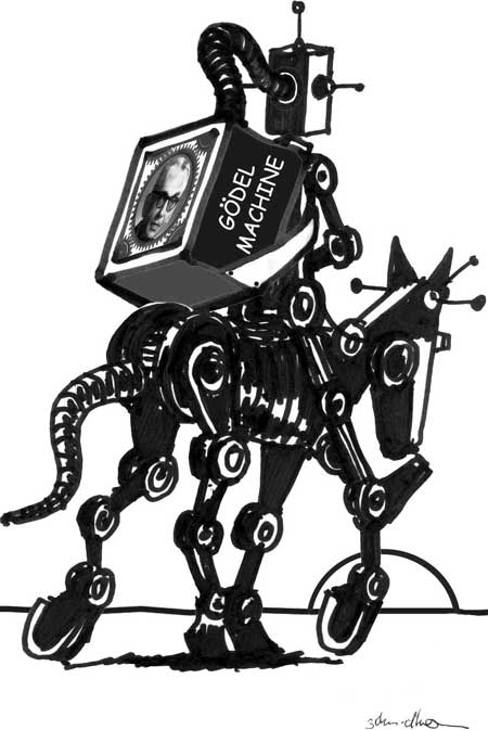 robot on robot horse riding off into the sunset, steered by a Goedel machine