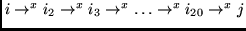 $i \rightarrow^x i_2 \rightarrow^x i_3
\rightarrow^x \ldots \rightarrow^x i_{20} \rightarrow^x j$
