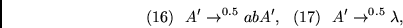 \begin{displaymath}
(16)~~A' \rightarrow^{0.5} abA',~~
(17)~~A' \rightarrow^{0.5} \lambda,~~
\end{displaymath}