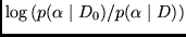 $\log
\left( p(\alpha \mid D_{0})/p(\alpha \mid D) \right)$