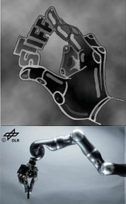artificial DLR arm and hand; artificial hand squeezes STIFF - cartoon by Juergen Schmidhuber